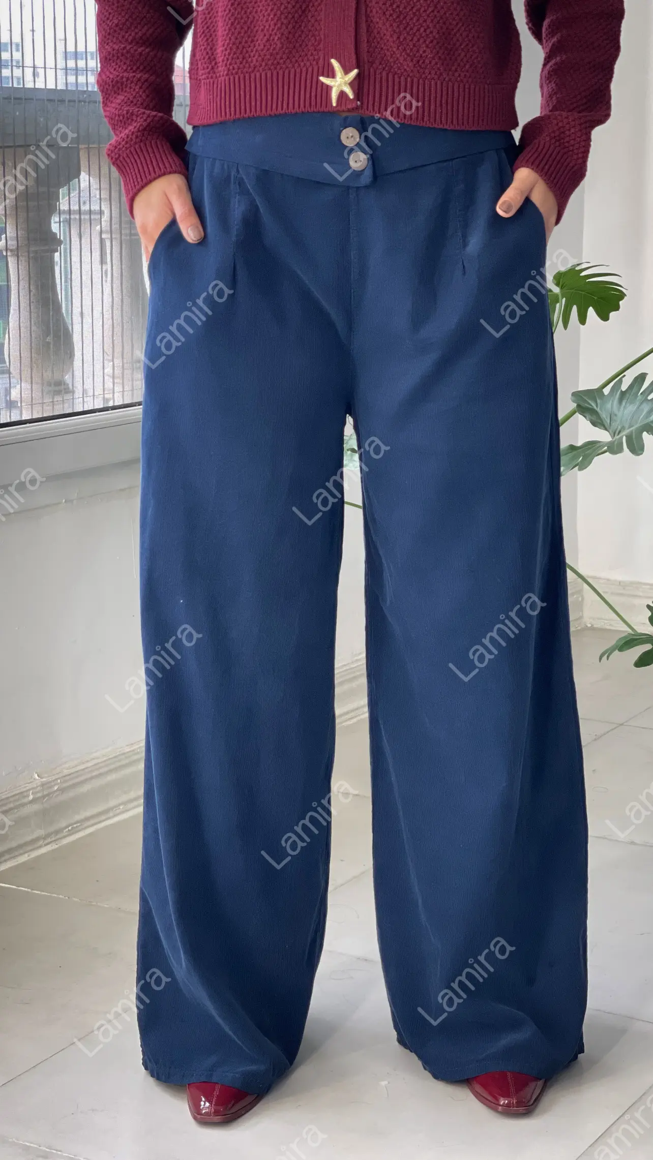 شلوار مخمل کبریتی پاییزه ایتالیایی مدل دو دکمه چوبی